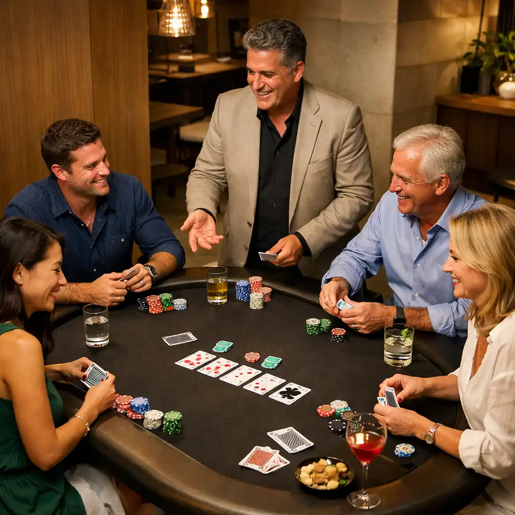 Host guiding guests around a physical poker table in the dedicated card room