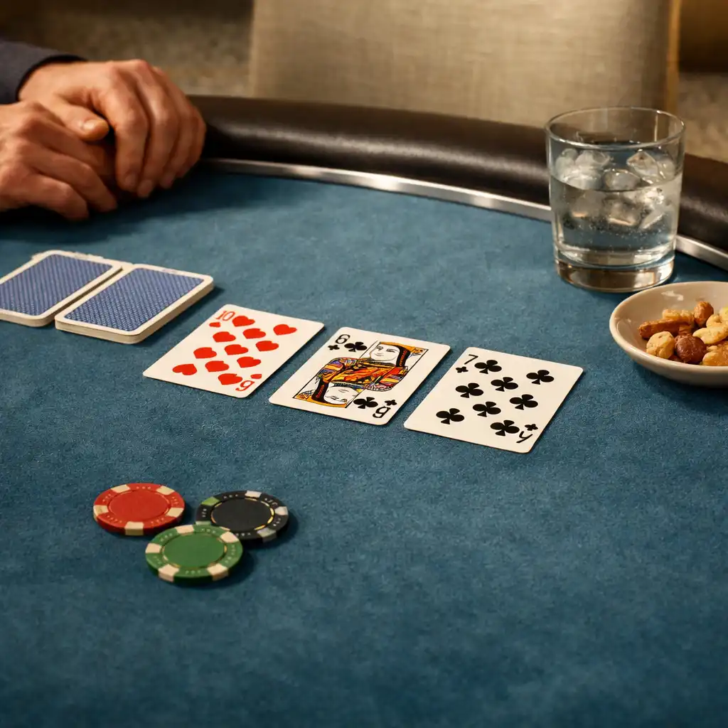 Guests sharing food and conversation beside physical poker tables in an evening card lounge