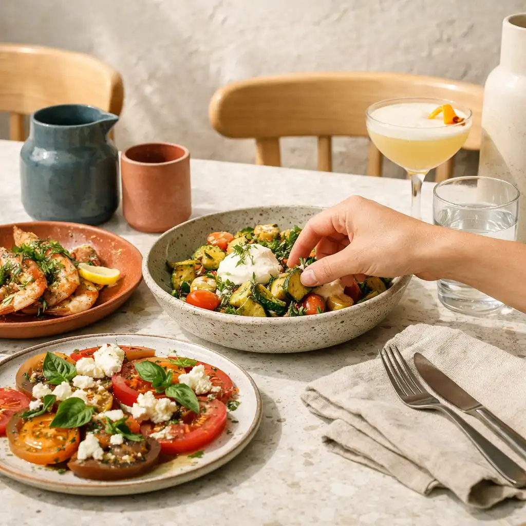 A shared contemporary restaurant table with plated food, ceramic vessels, linen and a guest reaching for a dish.