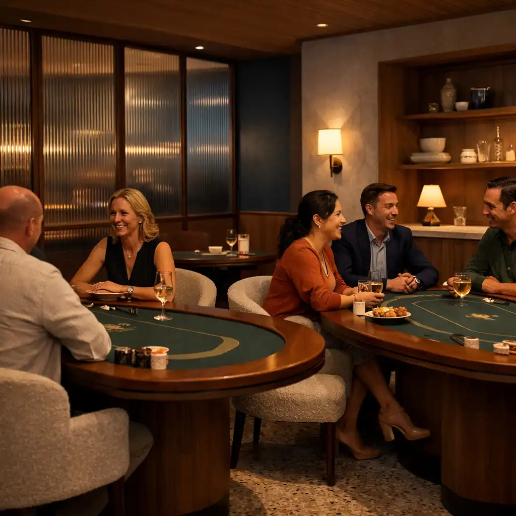 Purpose-designed card room with physical poker tables, warm seating and layered hospitality materials
