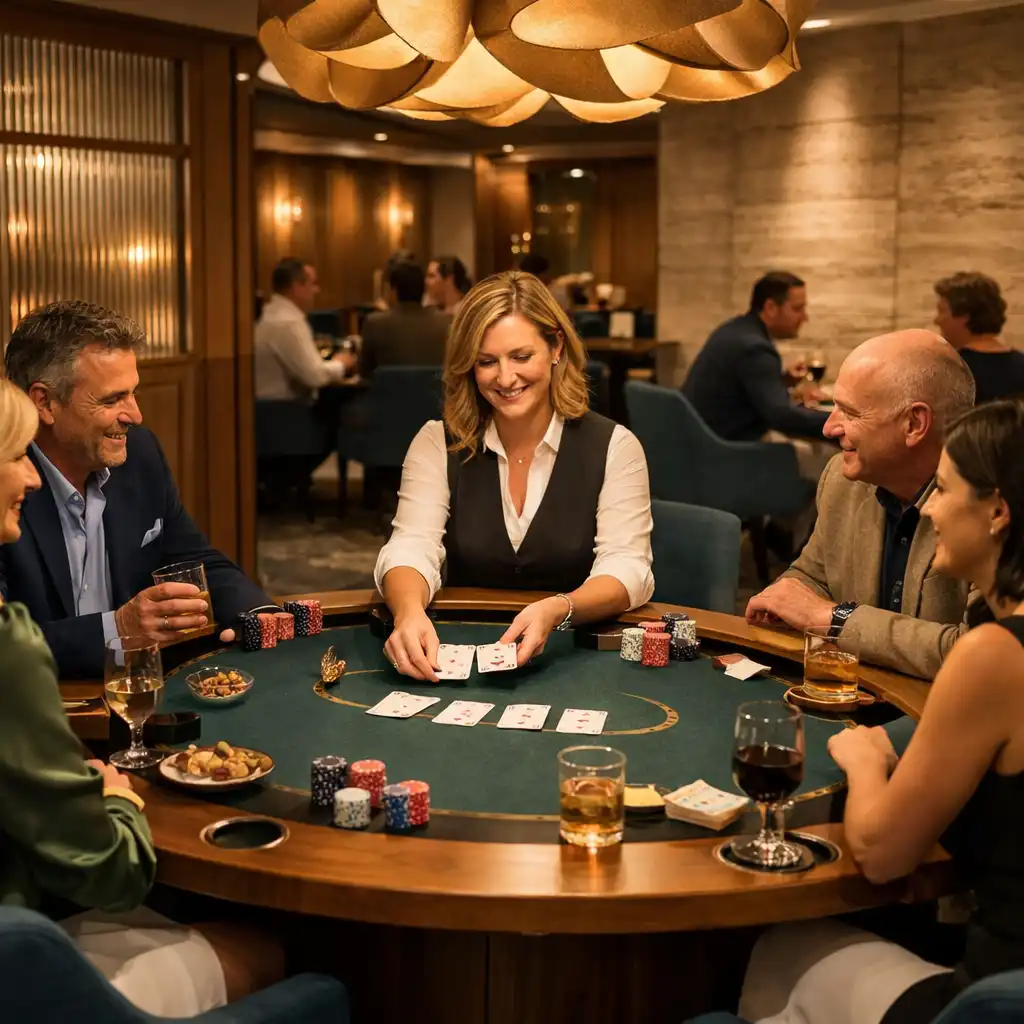 Host-led feature poker table beneath sculptural lighting in the card lounge