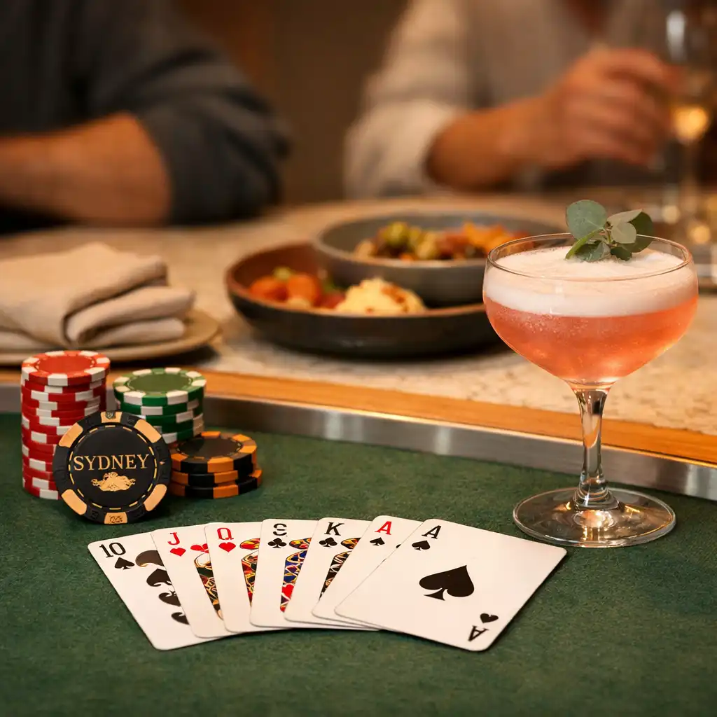 Physical cards, felt, ceramic shared plates and a cocktail on a hospitality-led poker table