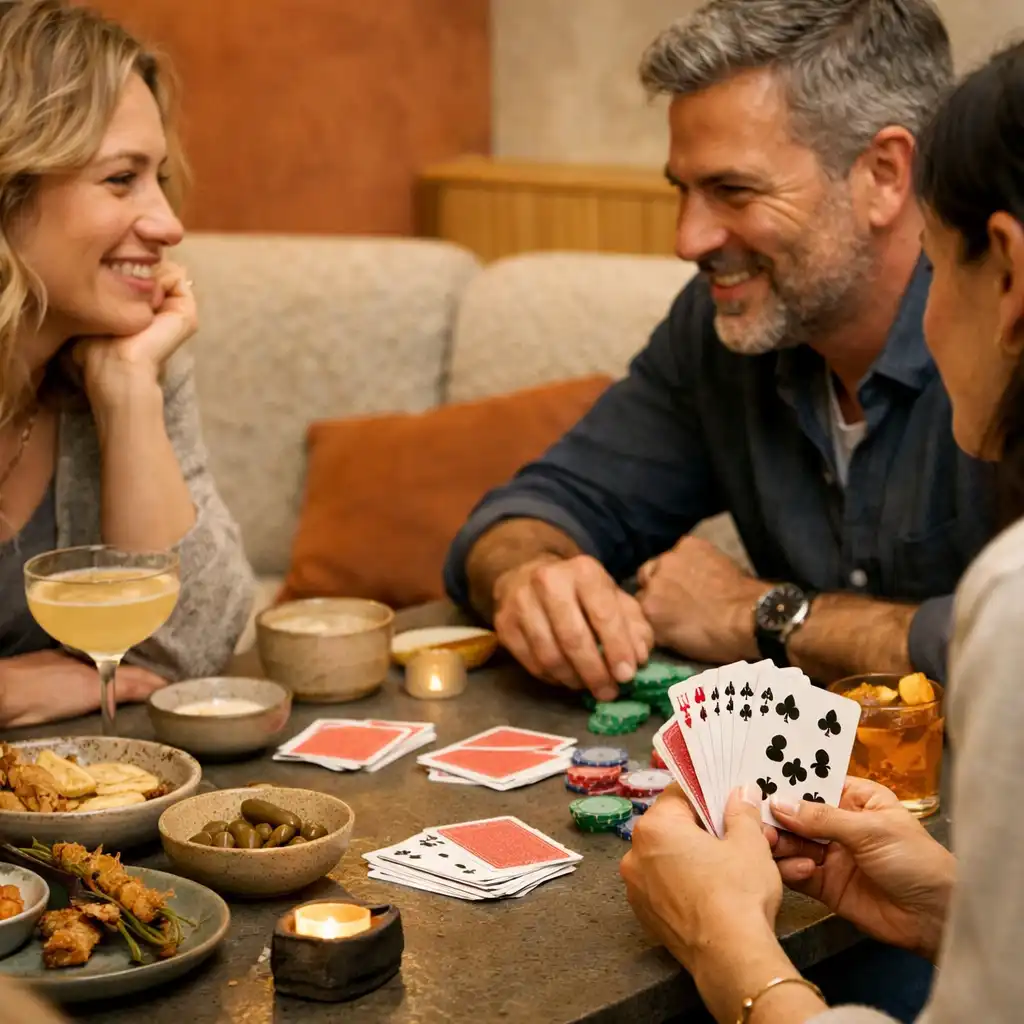 Friends sharing food and cocktails around a low lounge card table
