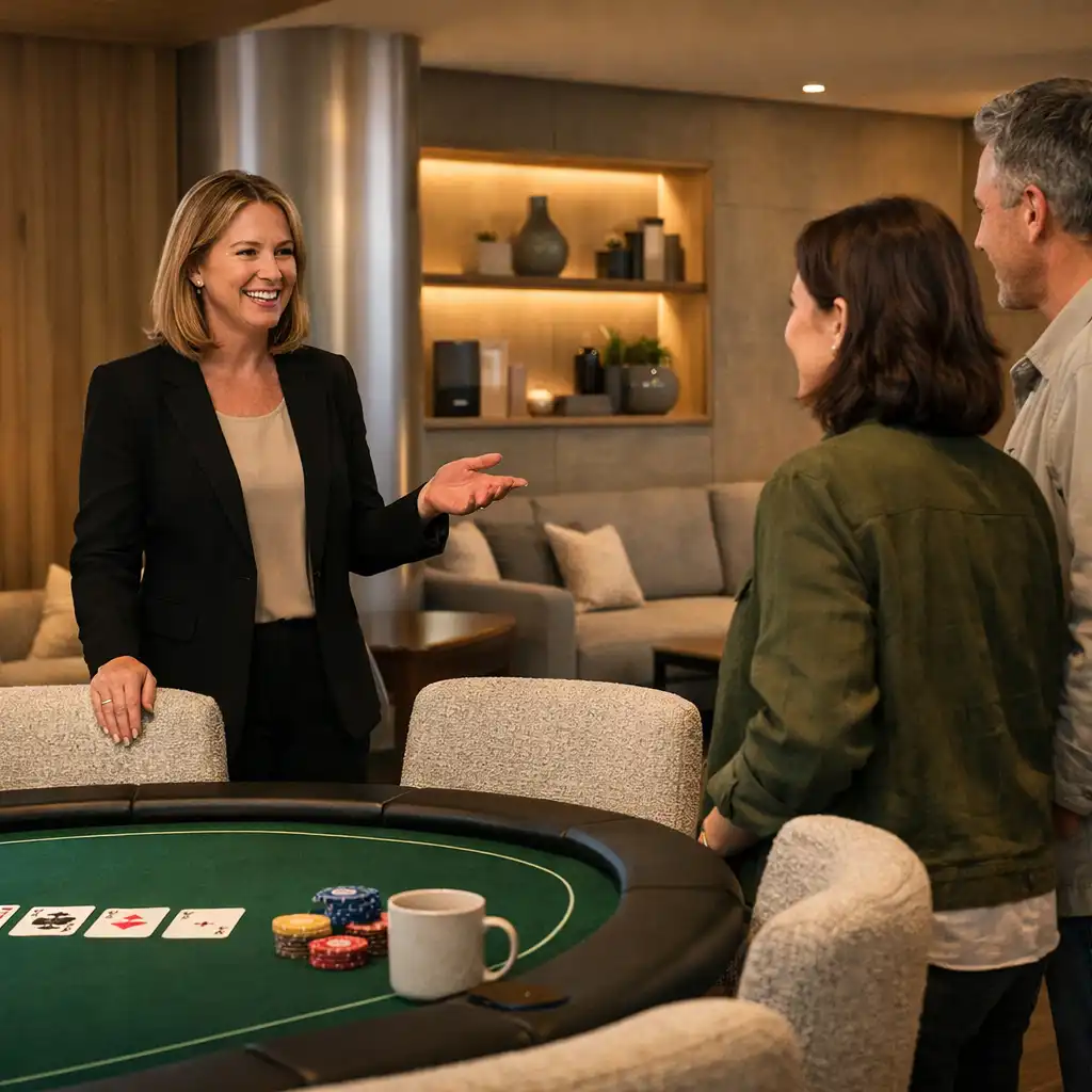 A host welcoming guests beside a physical poker table in the dedicated card room