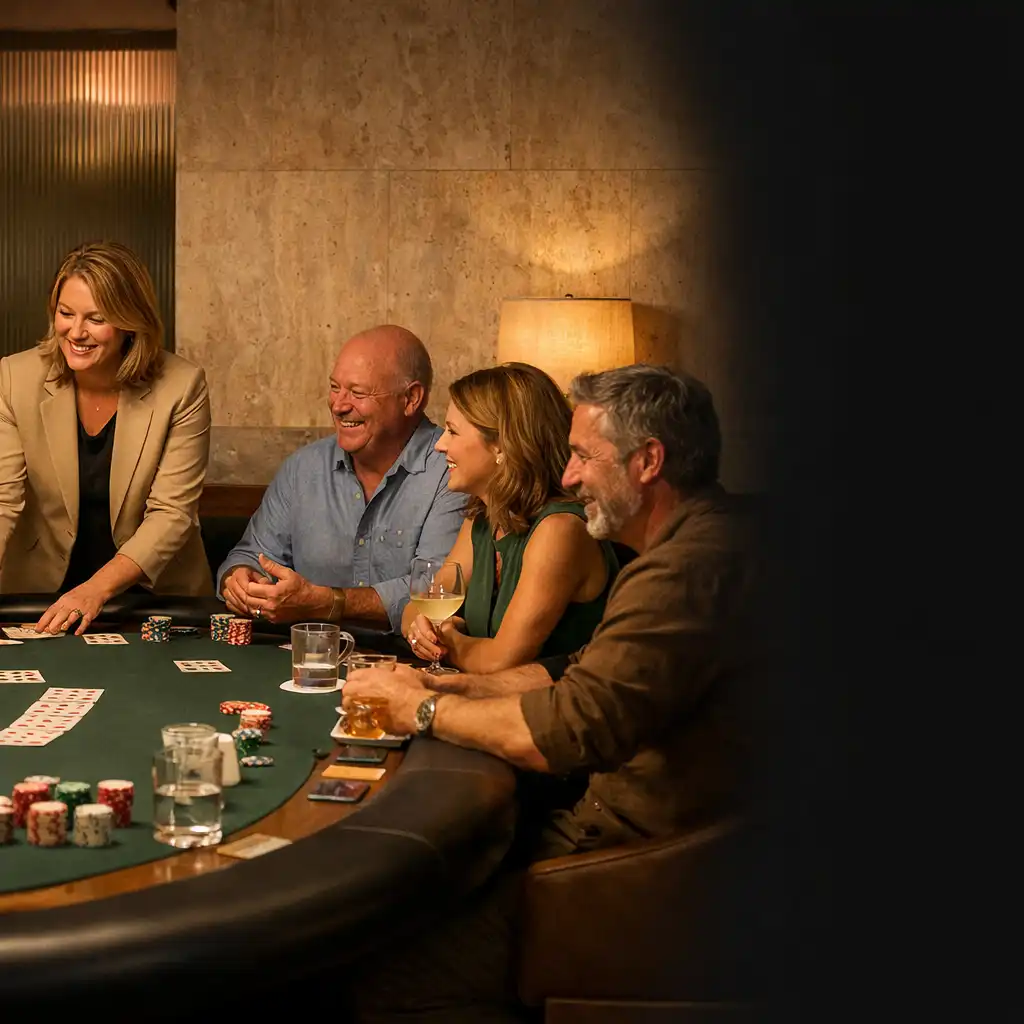 A host guiding guests around a physical poker table with cards, drinks and conversation in an evening card lounge.