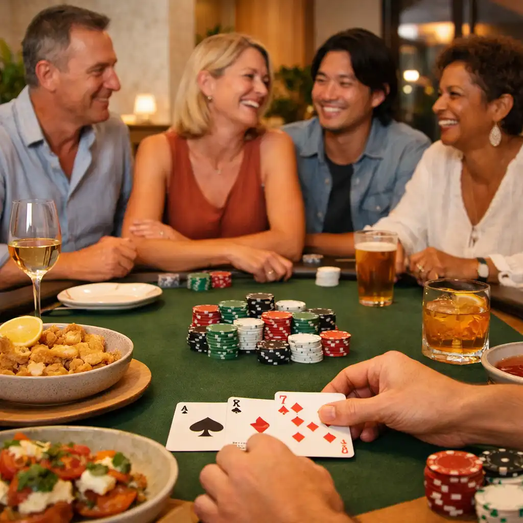 Guests talking around a poker table with cards, shared food and drinks