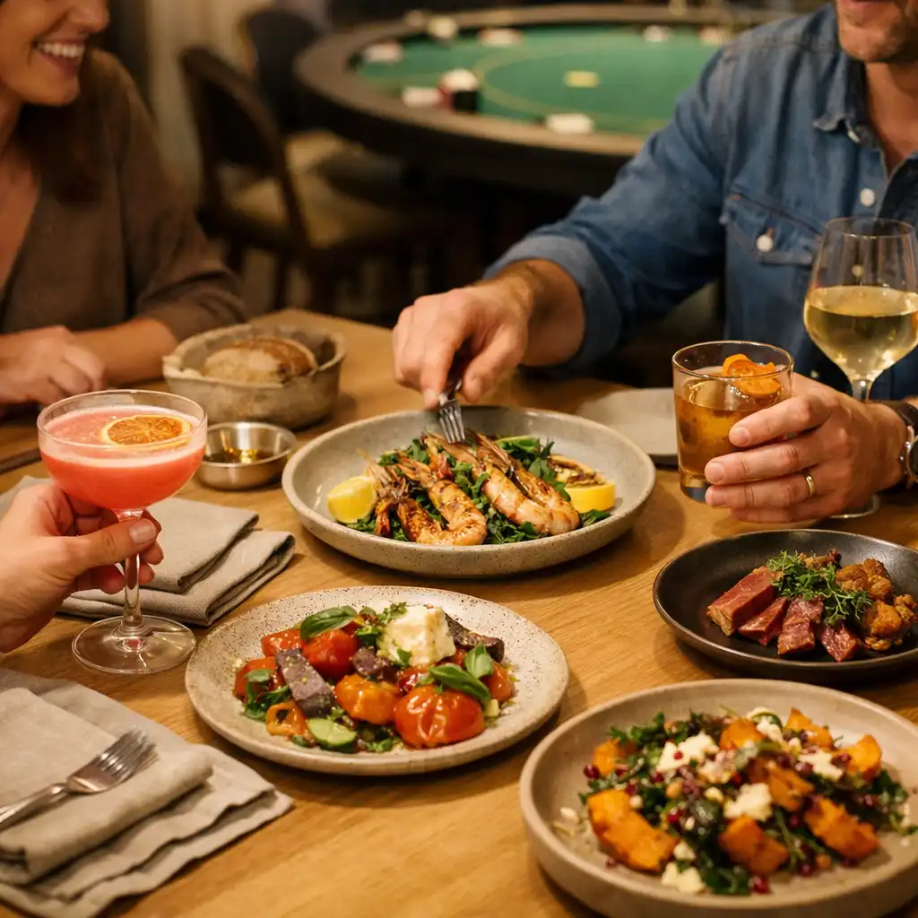 Guests sharing dishes and drinks at a light oak restaurant table before an evening gathering.