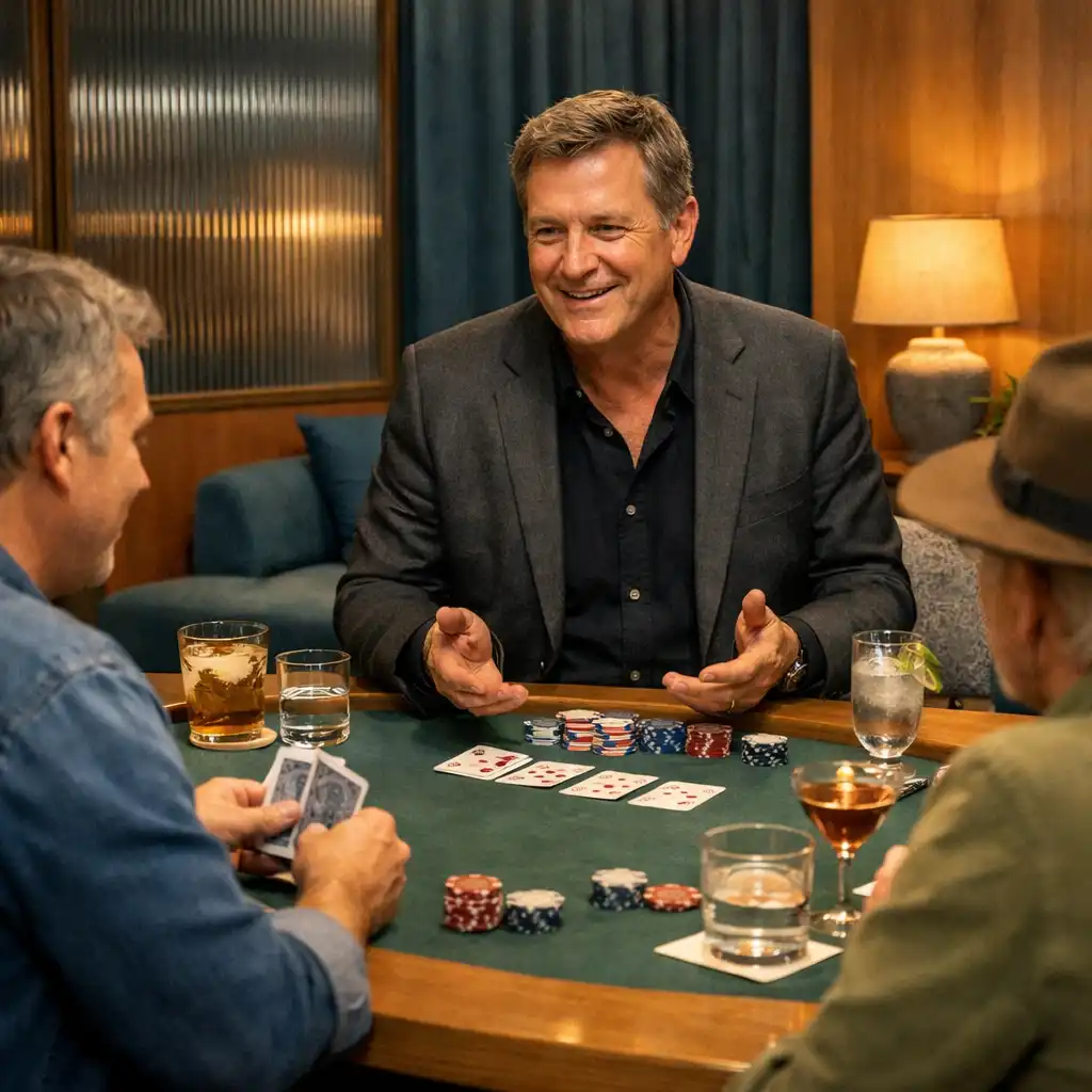A host guiding guests at a physical poker table in a warm Australian card room.