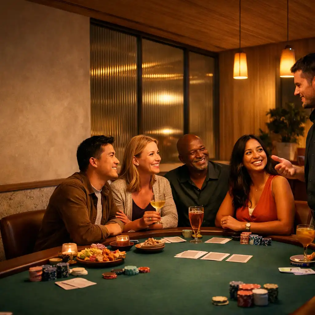 Guests talking around a physical poker table with shared drinks in an evening card lounge.