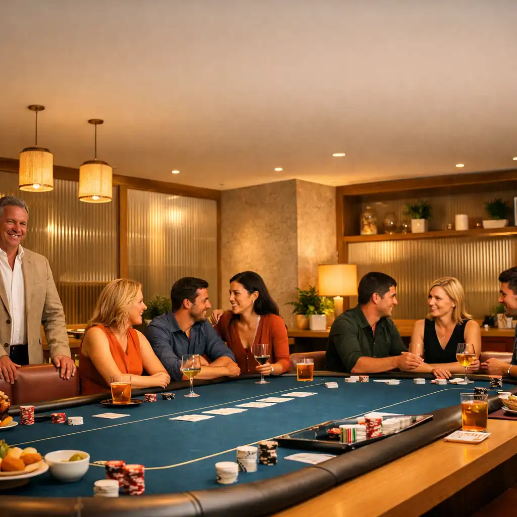 Guests in conversation around a long physical poker table in the card lounge
