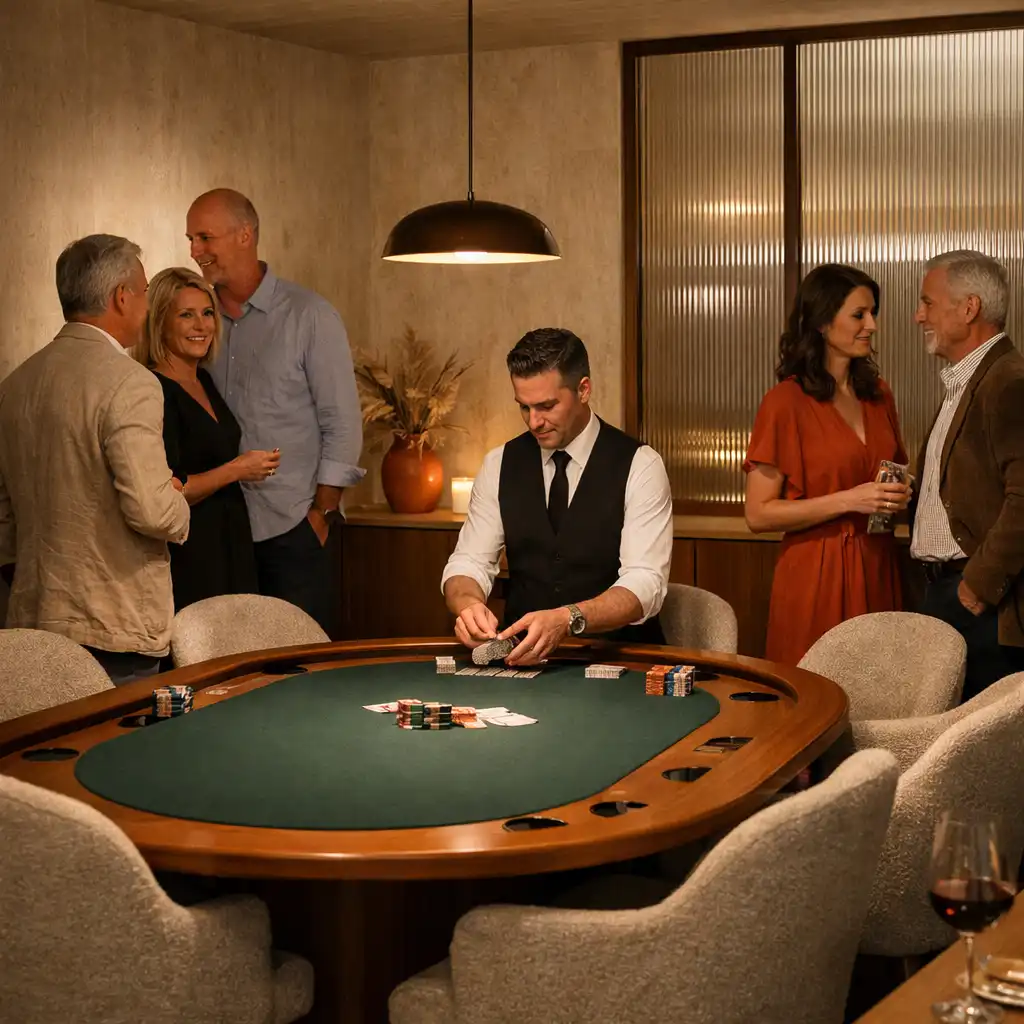 Private oval poker table with upholstered seating in an intimate card room