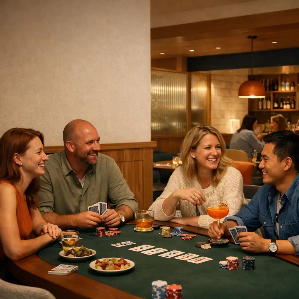 Guests sharing drinks and conversation around a physical poker table in ThisTleAndToken’s Sydney card room.