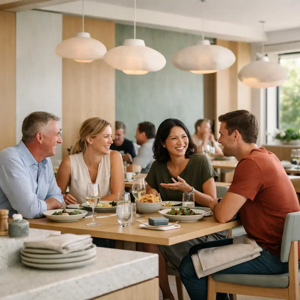Guests sharing lunch around a timber table in ThisTleAndToken's daylight dining room.