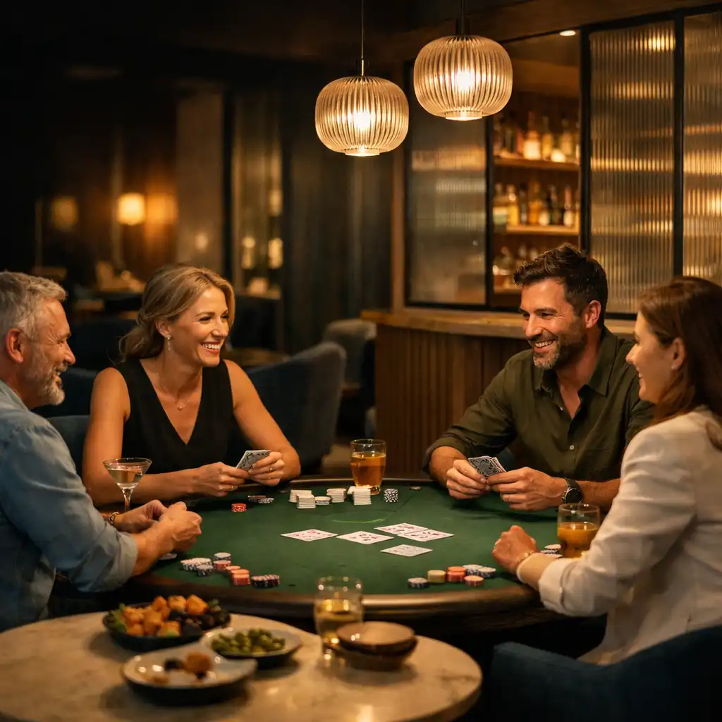 A warmly lit restaurant table set for shared dining