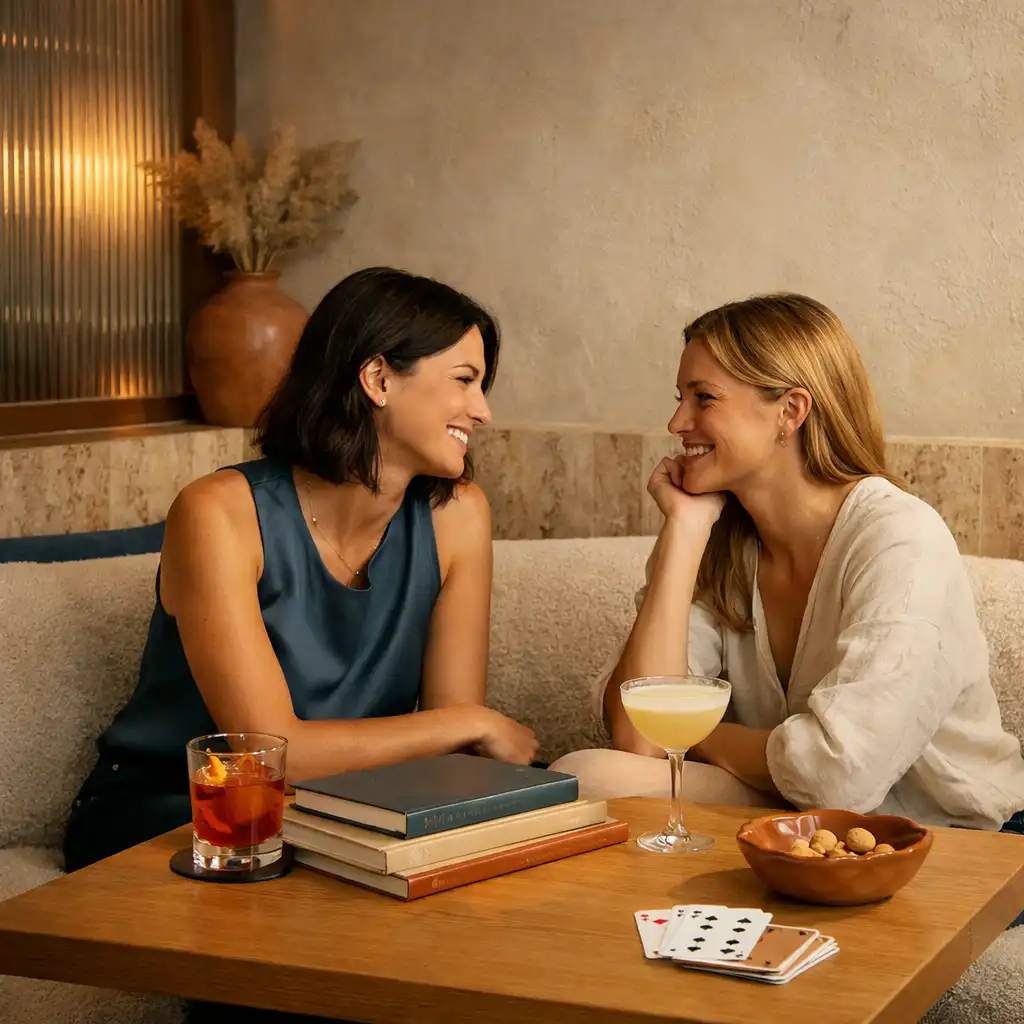 Two friends relaxing with cocktails in the warm, softly furnished lounge.